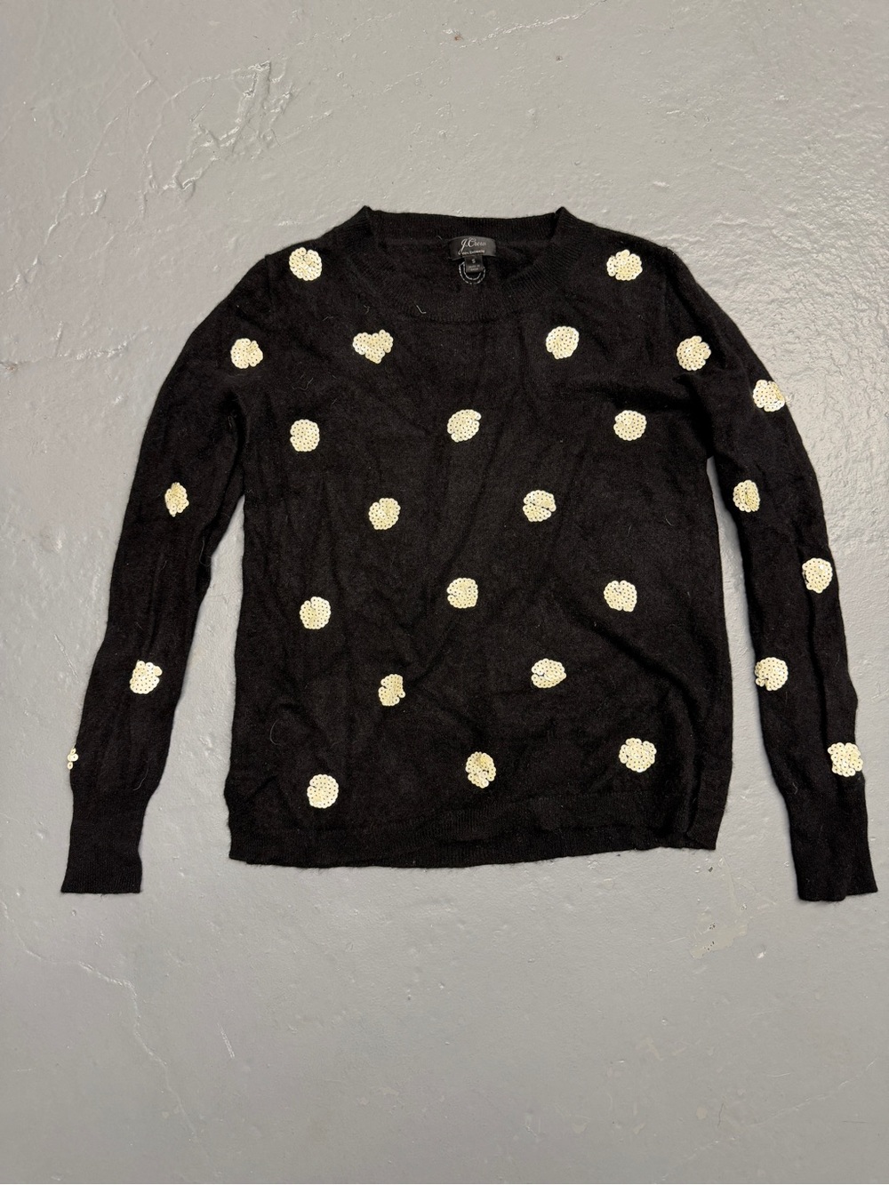J. Crew Black Cashmere Sweater with Cream Polka Appliqués